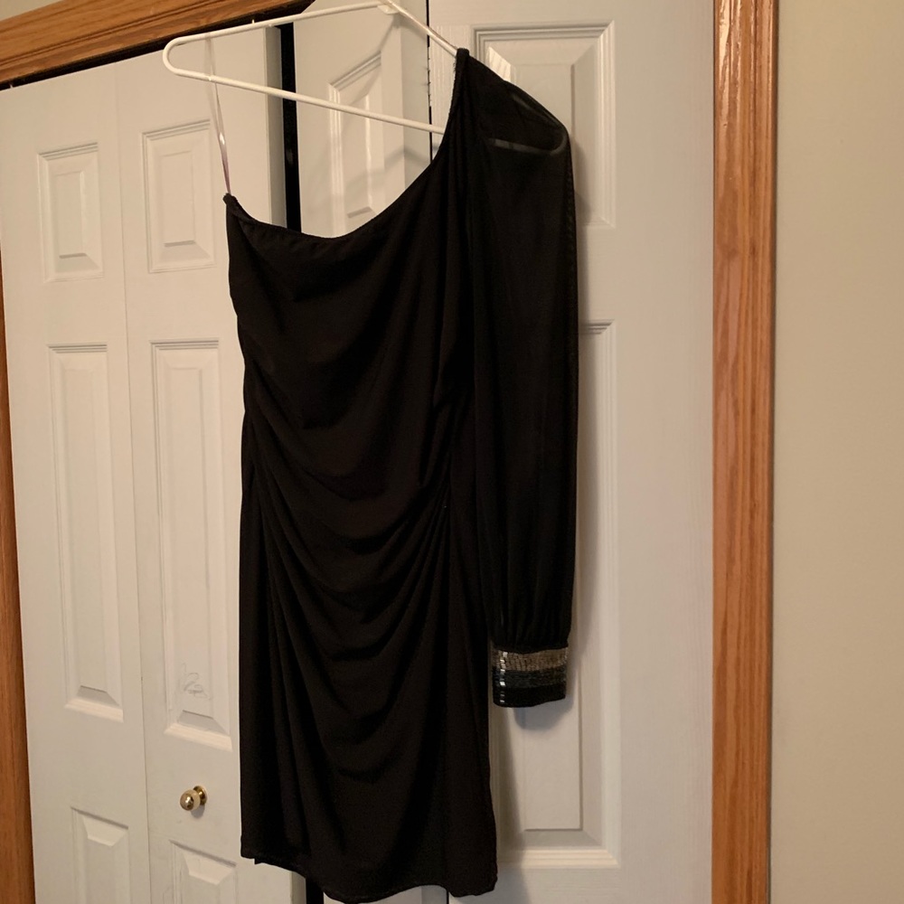 Long sleeve one shoulder black dress
